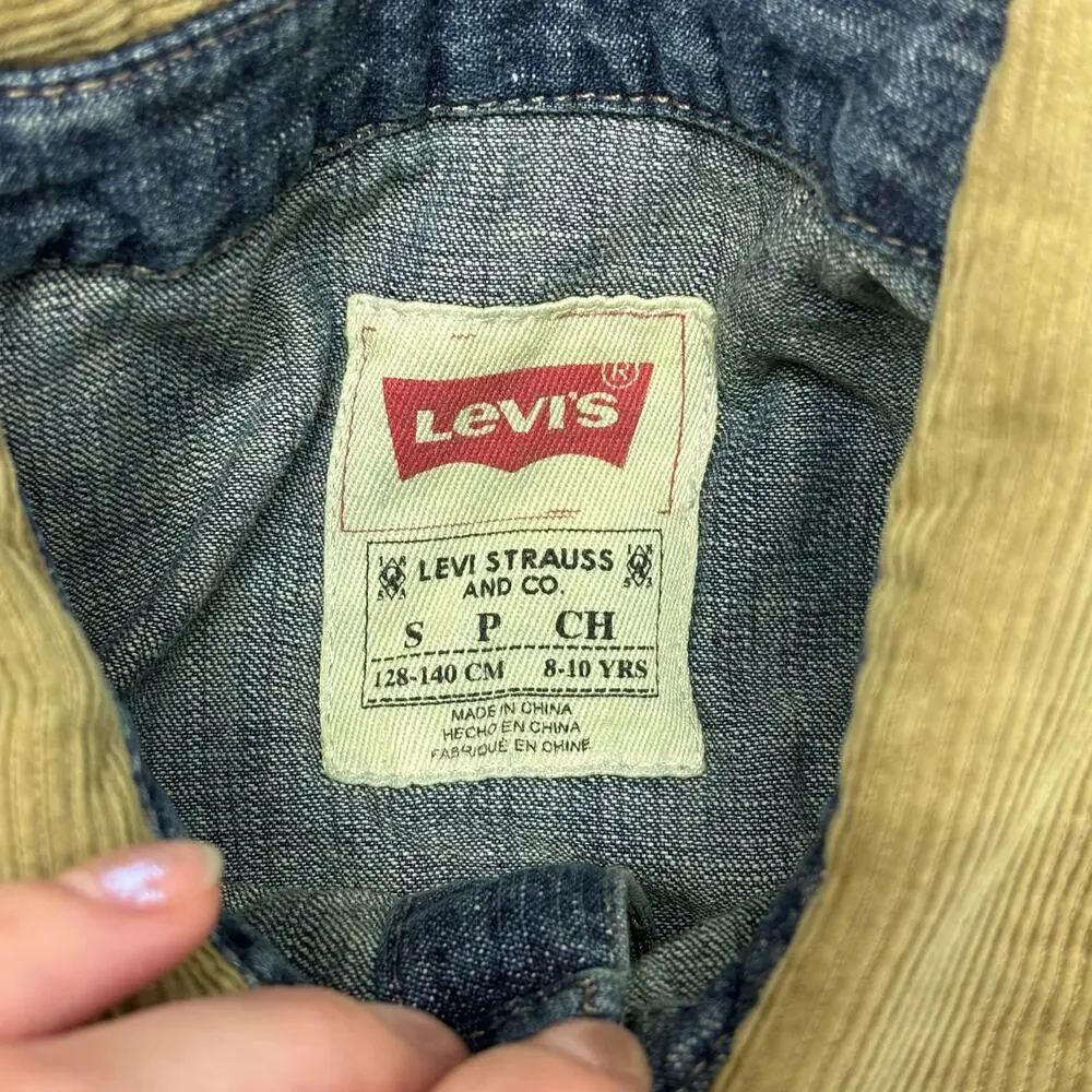 NWT Levis Corduroy Collar‎ Dark Wash Blue Boys S Button Up Denim Shirt Red Tab